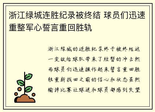 浙江绿城连胜纪录被终结 球员们迅速重整军心誓言重回胜轨