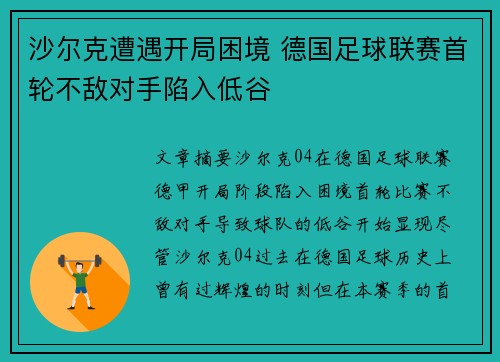 沙尔克遭遇开局困境 德国足球联赛首轮不敌对手陷入低谷