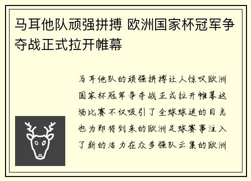 马耳他队顽强拼搏 欧洲国家杯冠军争夺战正式拉开帷幕