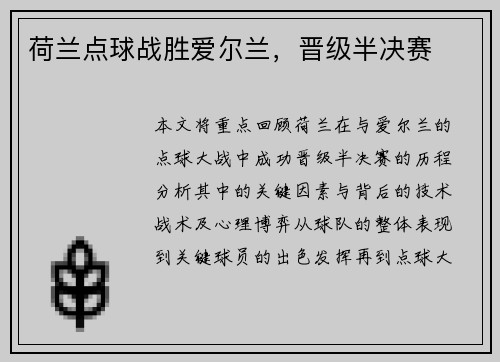 荷兰点球战胜爱尔兰，晋级半决赛