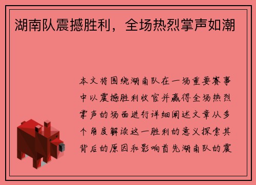 湖南队震撼胜利，全场热烈掌声如潮